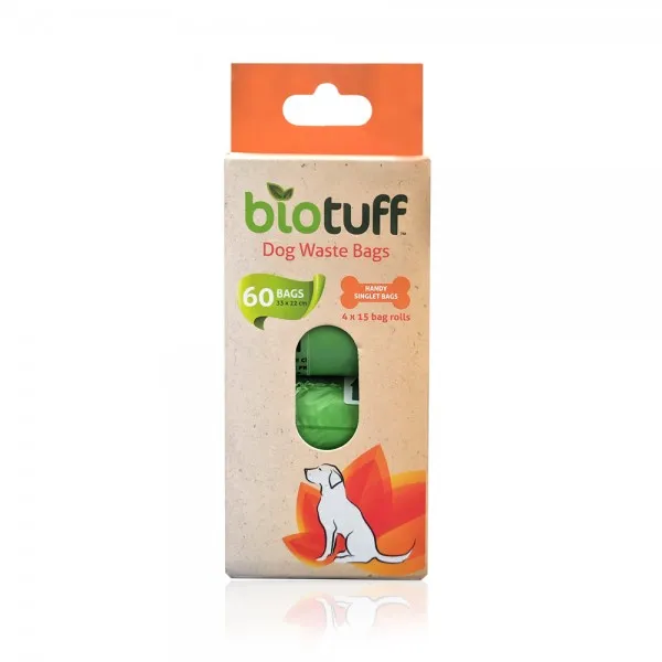 Biotuff Dog Waste Bags Refill 4 x 15 Bag Rolls - 60 Bags
