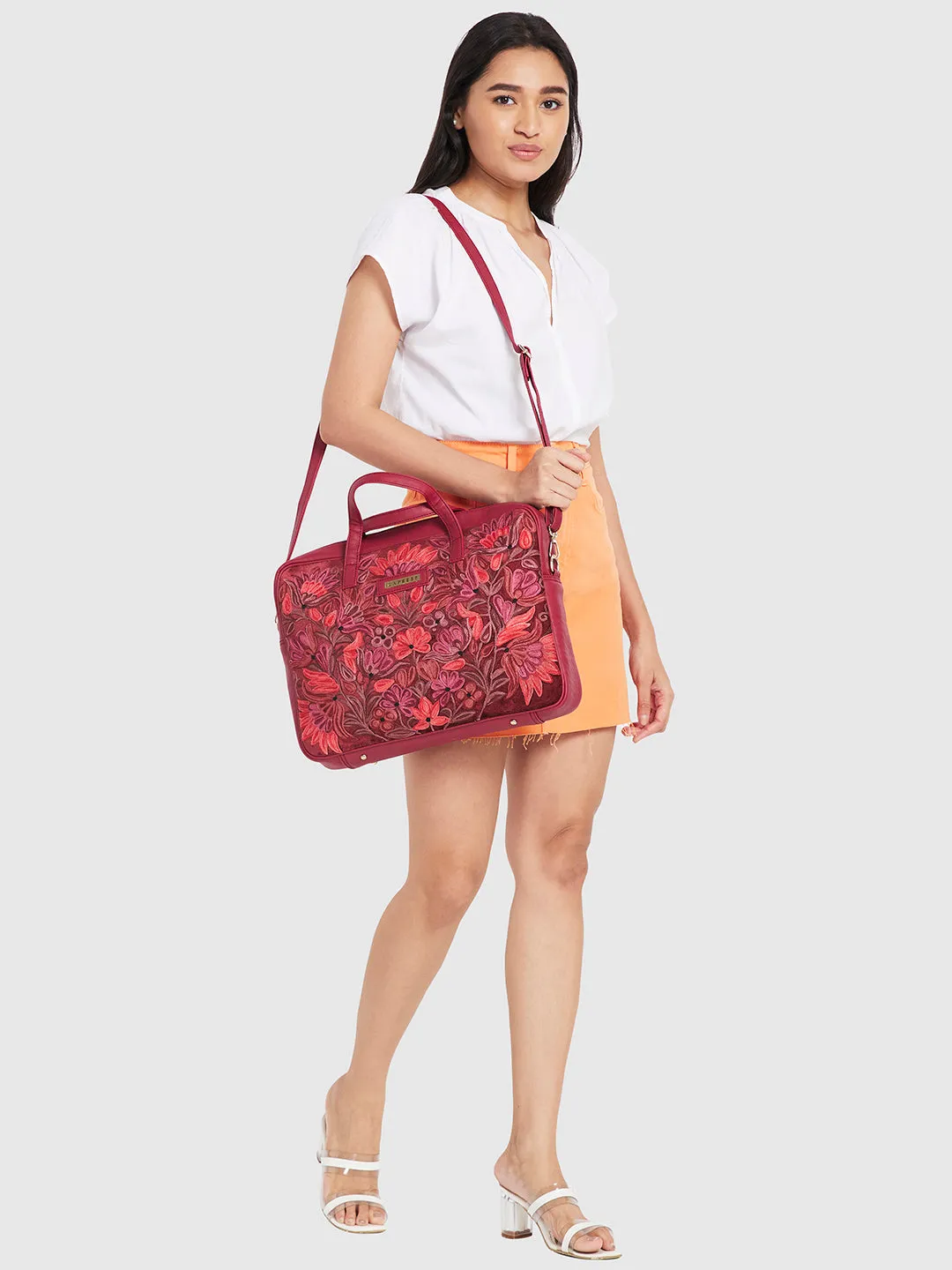 Caprese Tresna Embroidery Laptop Tote Handbag Maroon