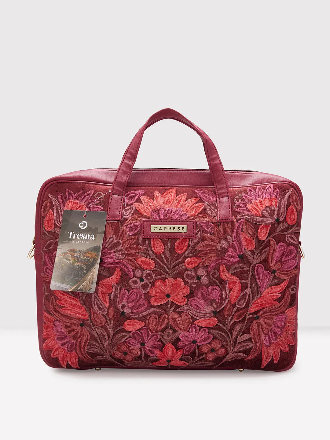 Caprese Tresna Embroidery Laptop Tote Handbag Maroon