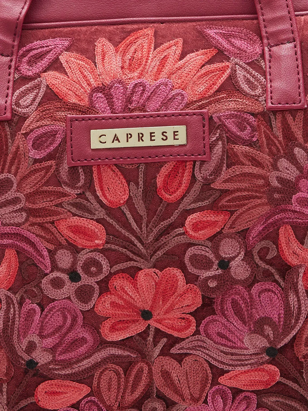 Caprese Tresna Embroidery Laptop Tote Handbag Maroon