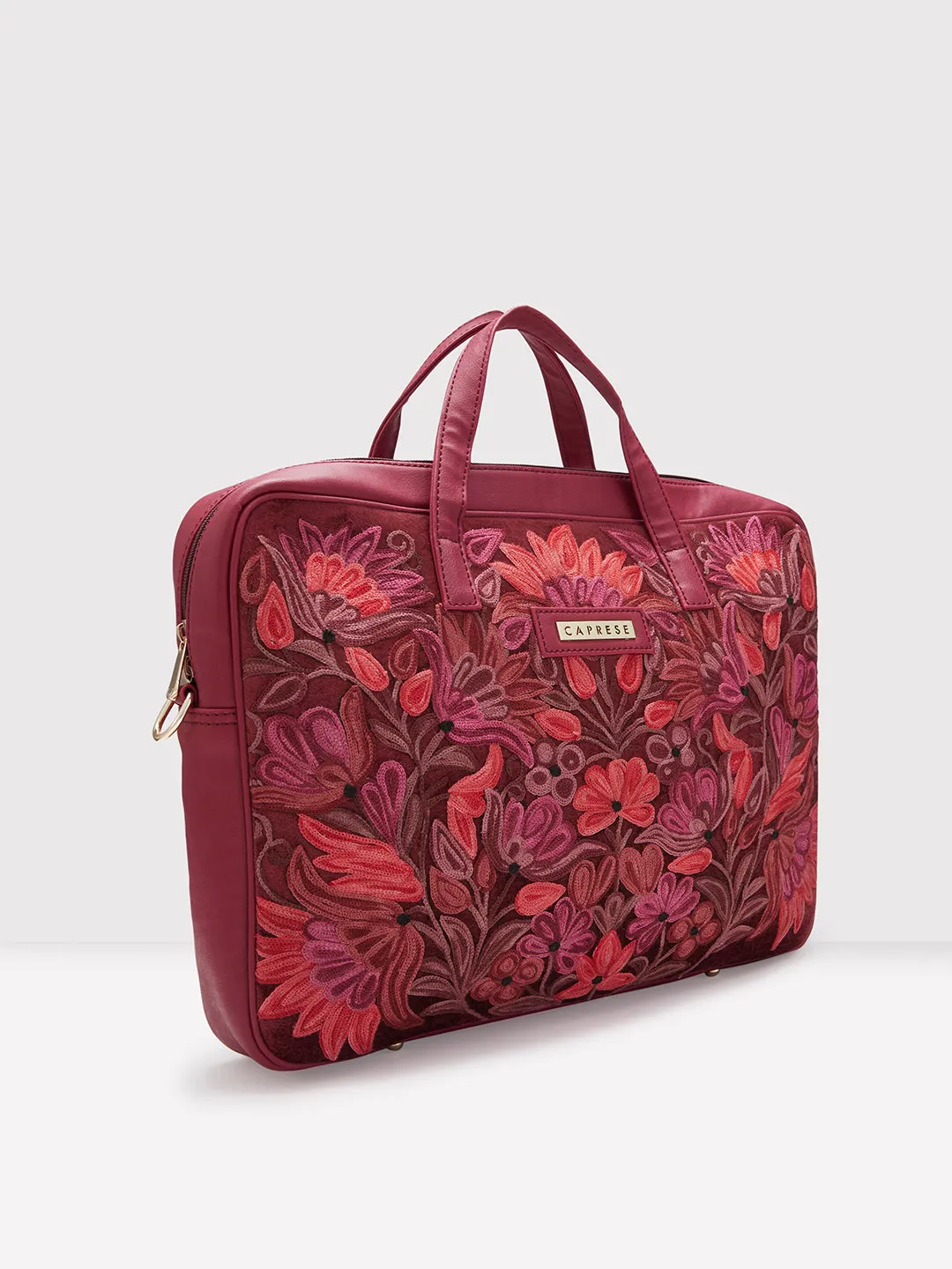 Caprese Tresna Embroidery Laptop Tote Handbag Maroon