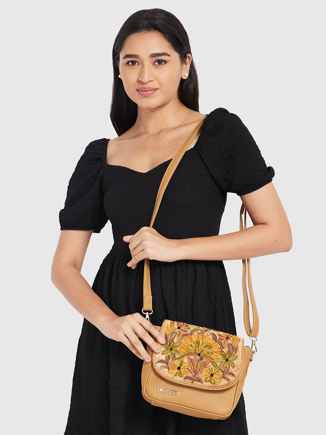 Caprese Tresna Embroidery Large Sling  Handbag Fawn