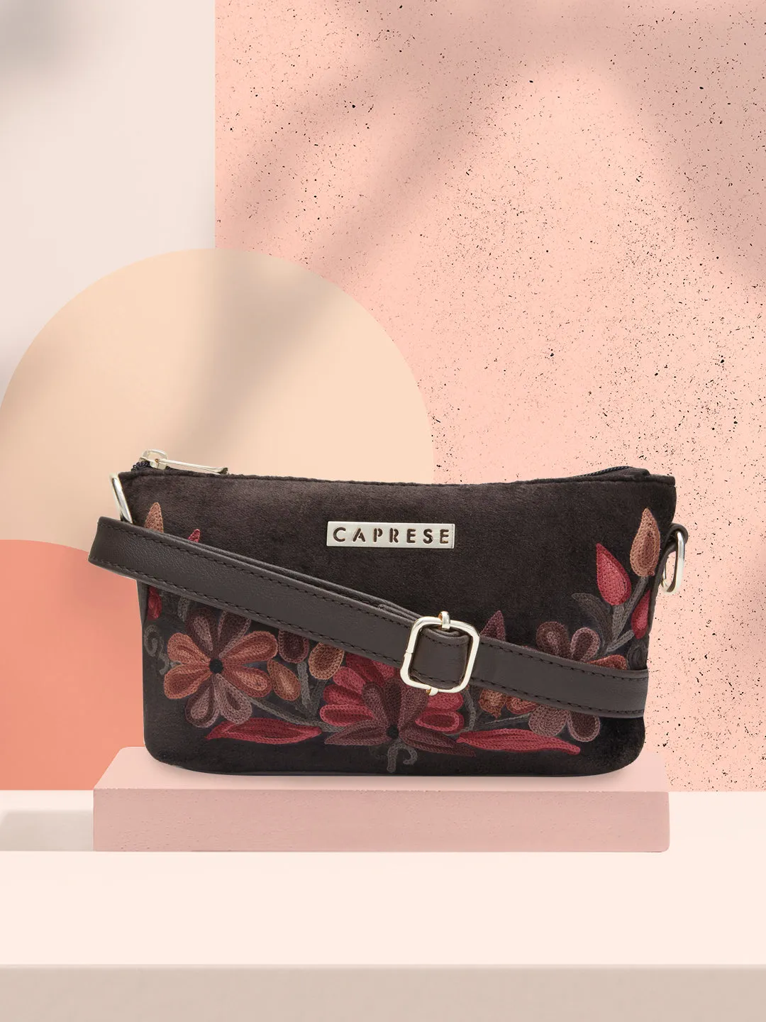 Caprese Tresna Embroidery Small Sling Handbag Brown