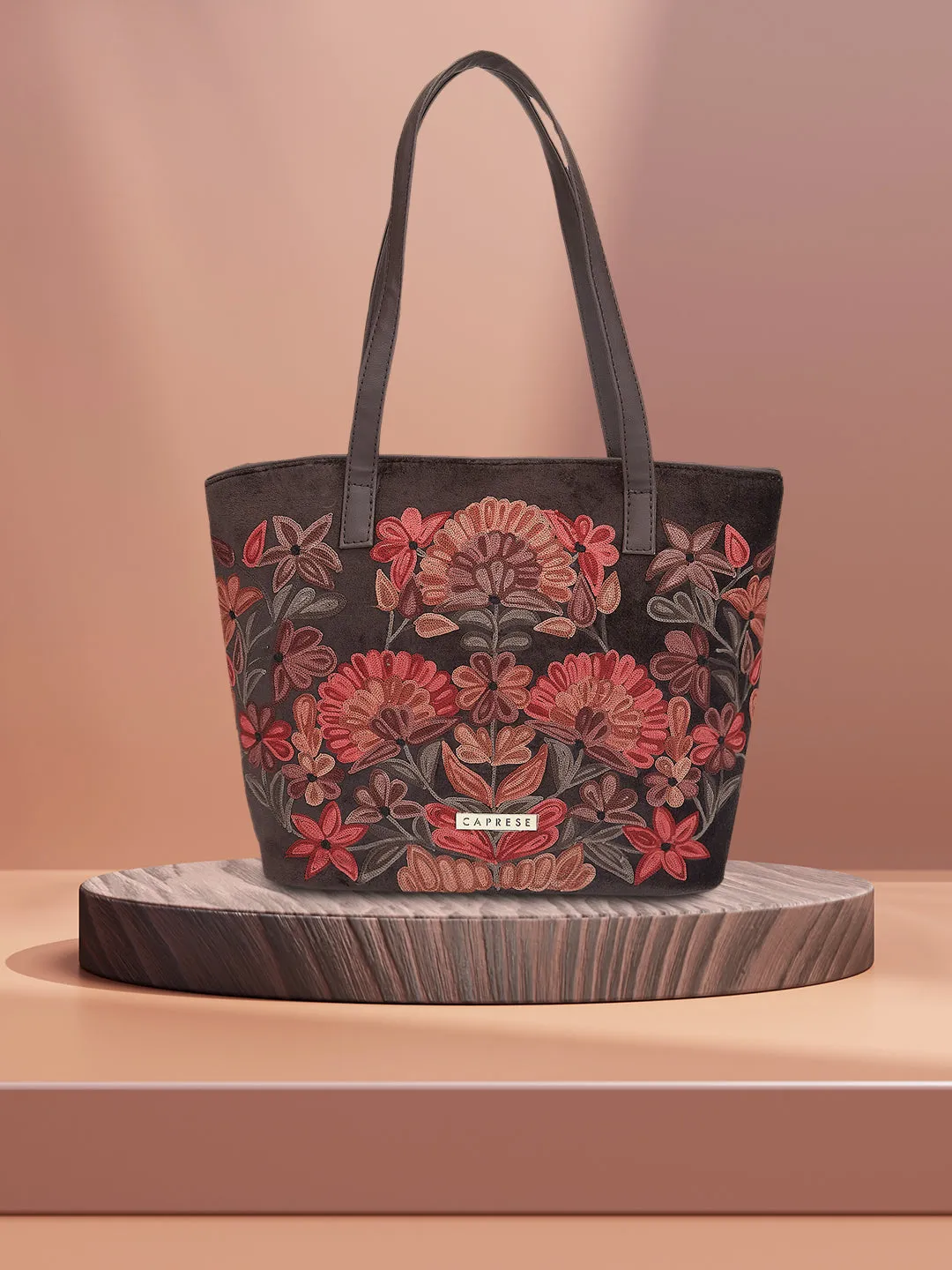 Caprese Tresna Embroidery Tote Handbag Brown