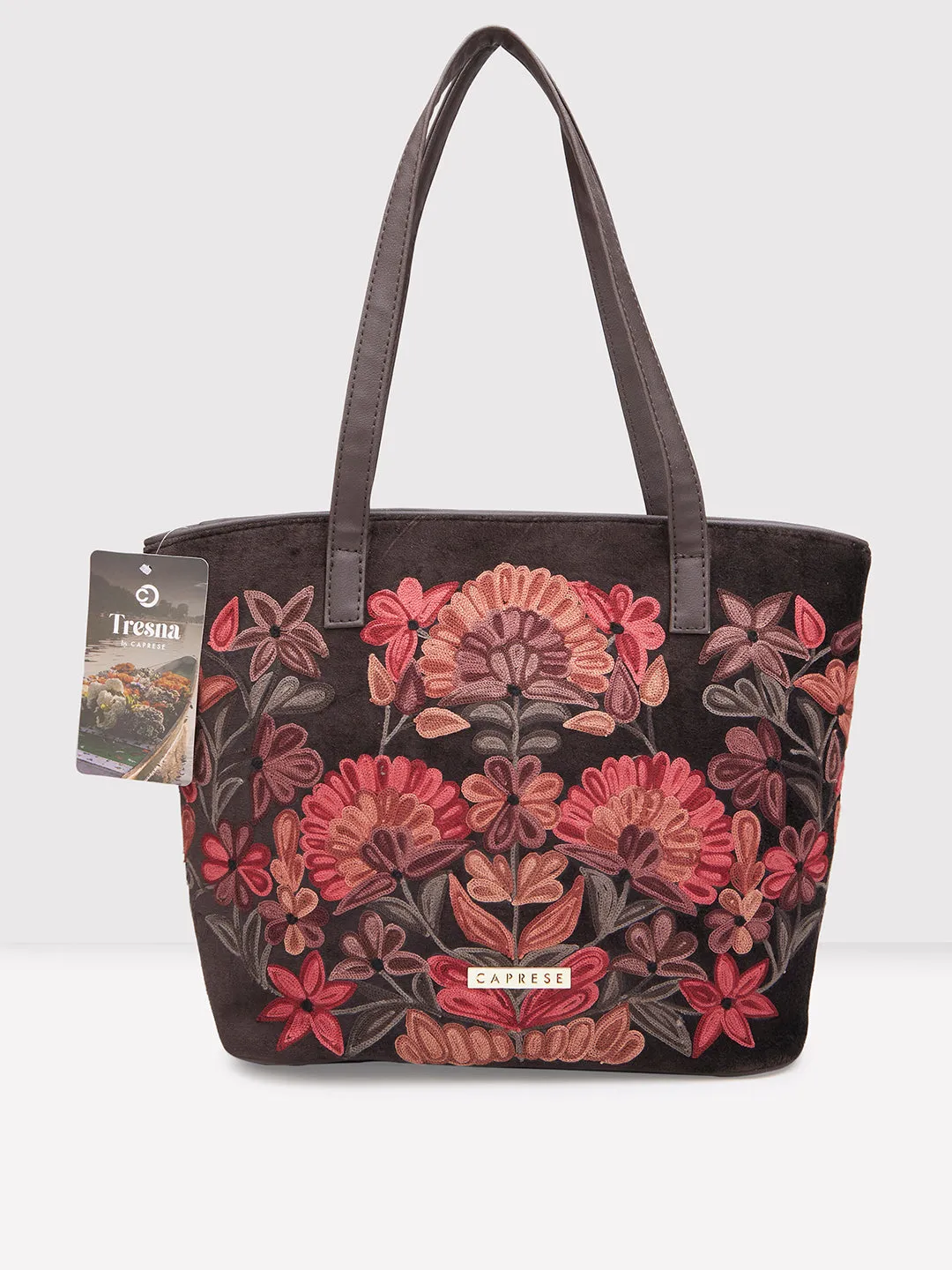 Caprese Tresna Embroidery Tote Handbag Brown