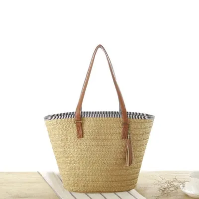 Christmas Gift casual tassel straw bags rattan women handbags wicker woven shoulder bags large capacity tote bucket bag summer beach purses new