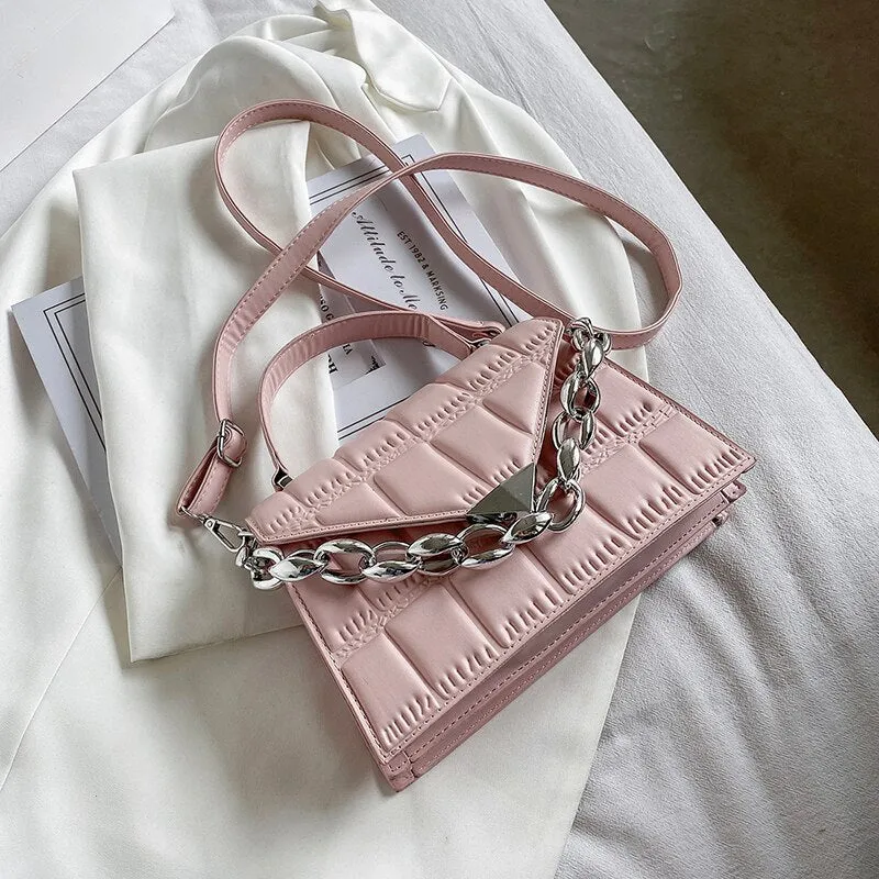 Christmas Gift Plaid Flap Shoulder Bags for Women Pure Color Leather Crossbody Bags Ladies Small Top-handle Bag Simple Chain Handbags Sac 2021