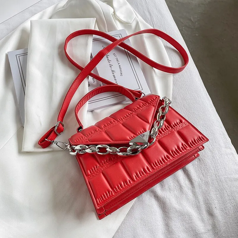 Christmas Gift Plaid Flap Shoulder Bags for Women Pure Color Leather Crossbody Bags Ladies Small Top-handle Bag Simple Chain Handbags Sac 2021