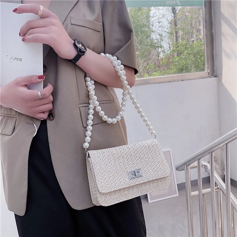 Christmas Gift Small Straw Flap Crossbody bag 2021 Summer New Fashion Women's Designer Travel Handbag Pearl strap Shoulder Beach Purses