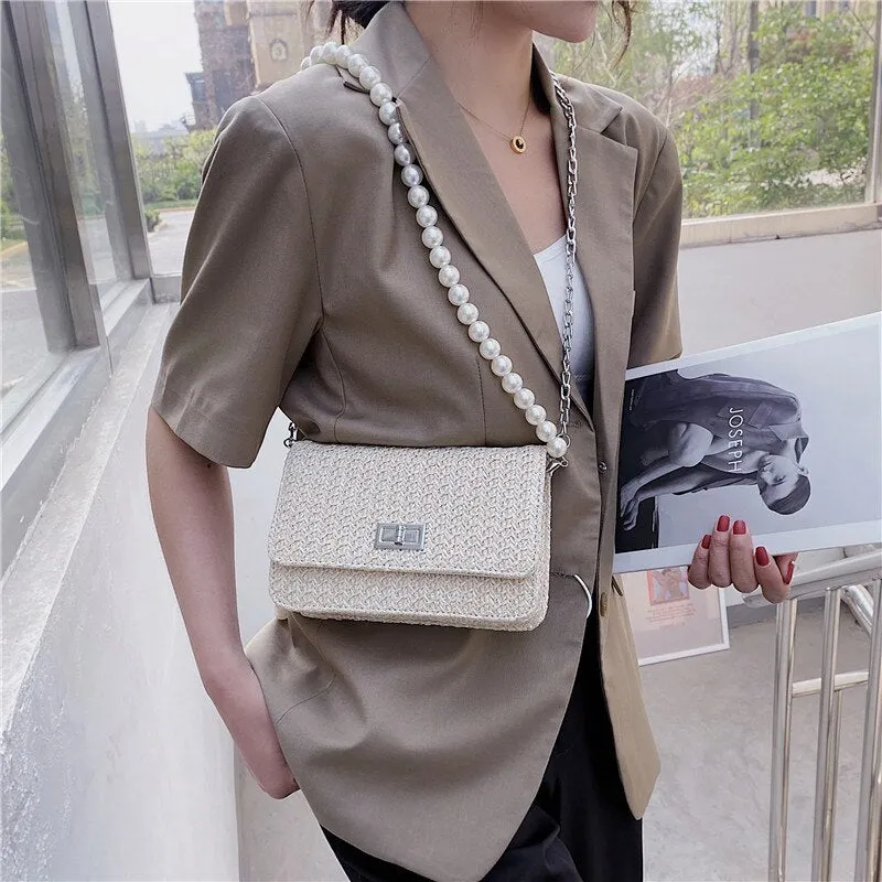 Christmas Gift Small Straw Flap Crossbody bag 2021 Summer New Fashion Women's Designer Travel Handbag Pearl strap Shoulder Beach Purses