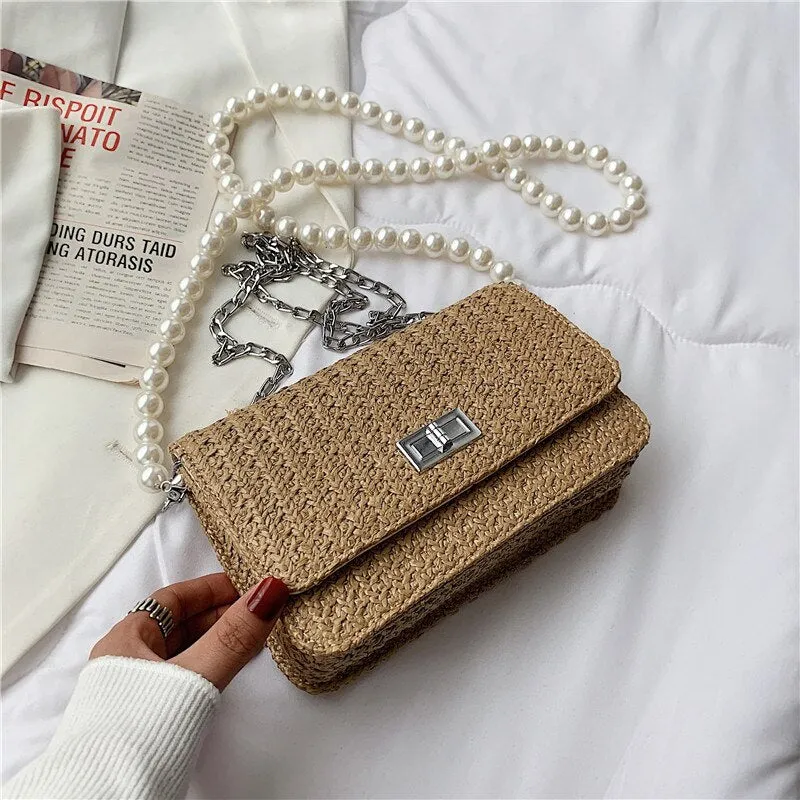 Christmas Gift Small Straw Flap Crossbody bag 2021 Summer New Fashion Women's Designer Travel Handbag Pearl strap Shoulder Beach Purses