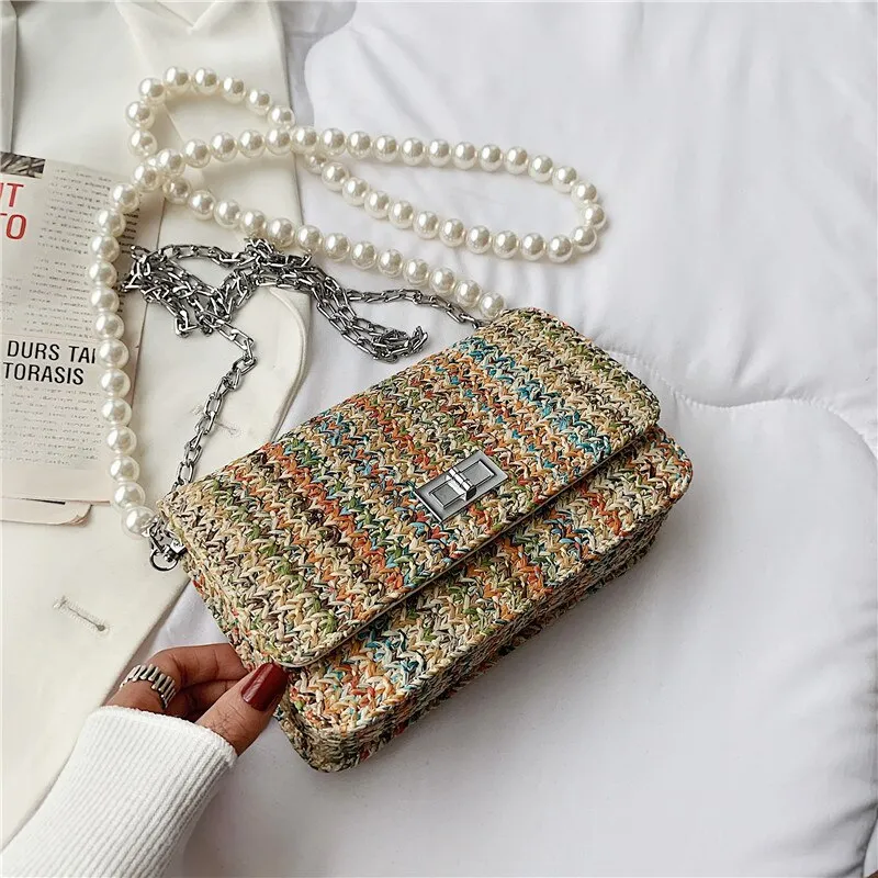 Christmas Gift Small Straw Flap Crossbody bag 2021 Summer New Fashion Women's Designer Travel Handbag Pearl strap Shoulder Beach Purses