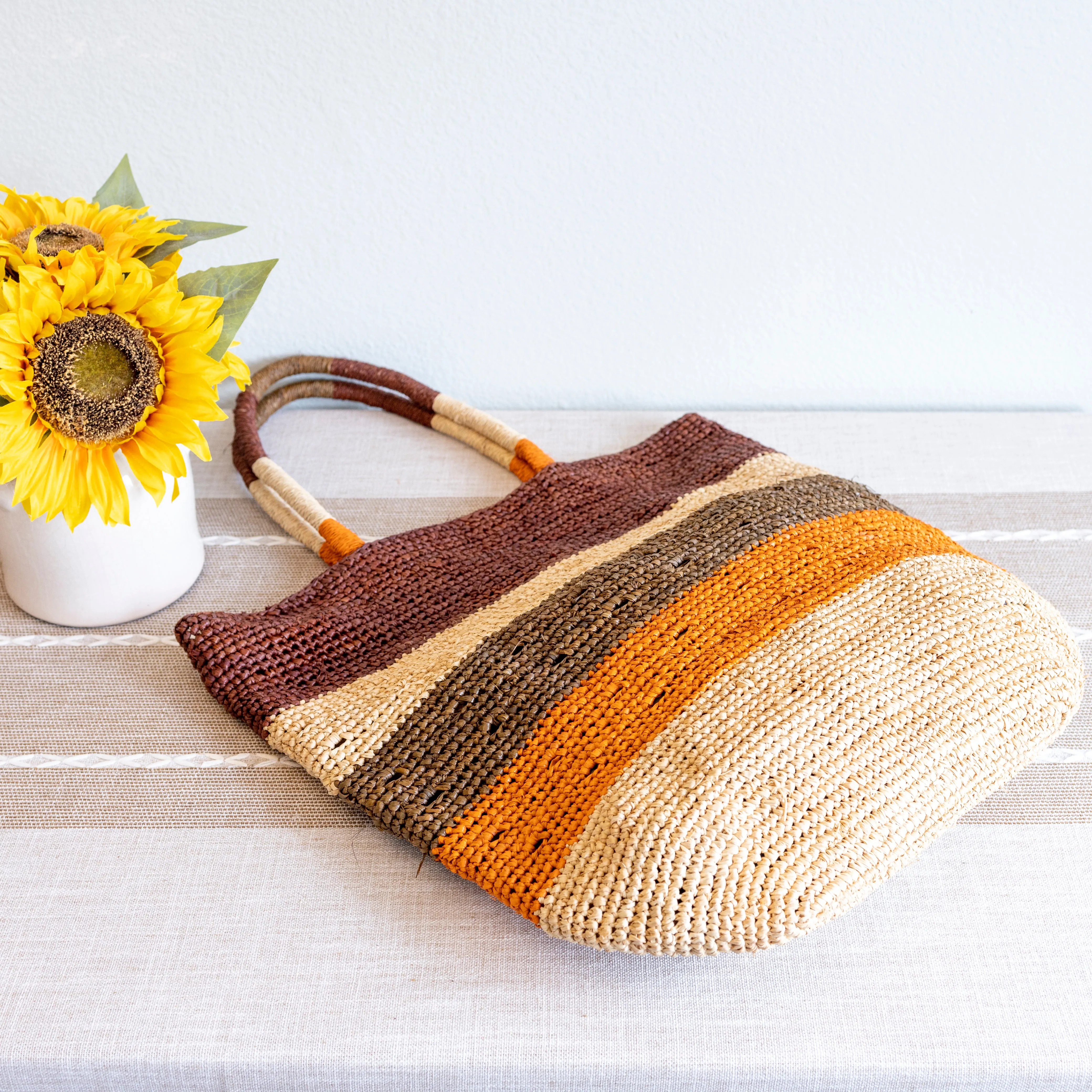 Elena Handbags Striped Large Soft Raffia Woven Summer Straw Tote Bag