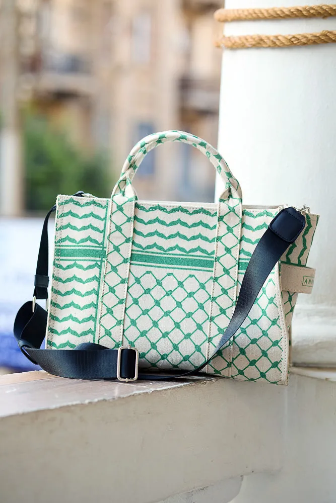 Green and Cream Keffiyeh Pattern Medium Tote - Timeless Cotton Canvas Design