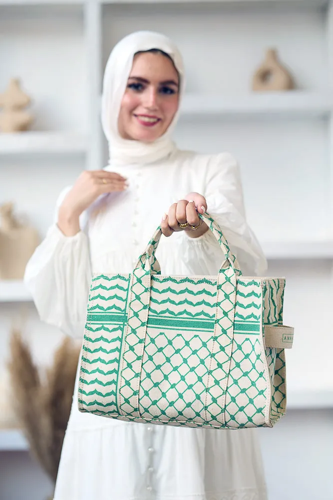 Green and Cream Keffiyeh Pattern Medium Tote - Timeless Cotton Canvas Design
