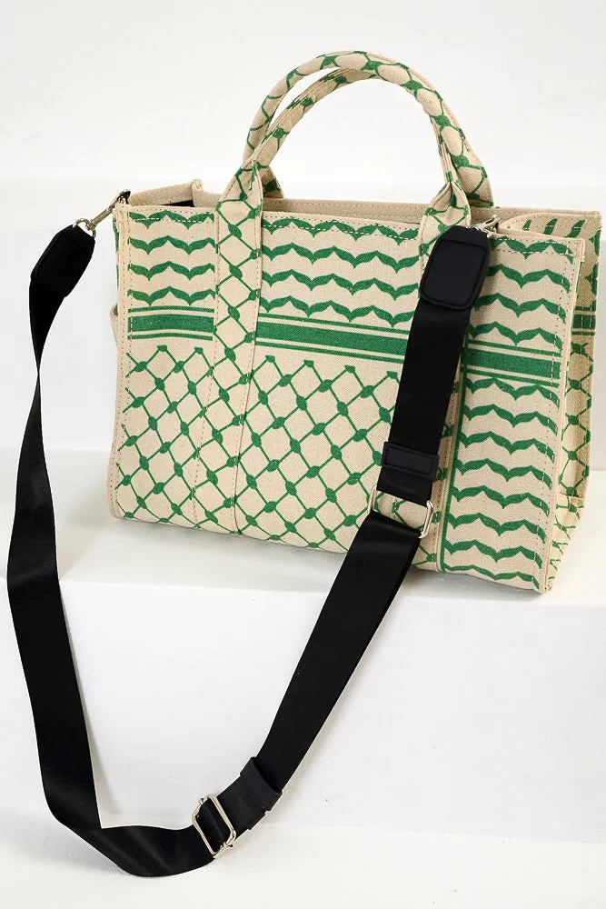 Green and Cream Keffiyeh Pattern Medium Tote - Timeless Cotton Canvas Design
