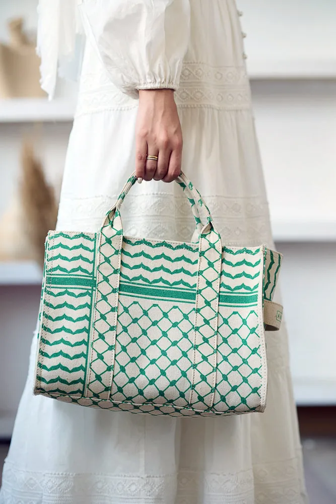 Green and Cream Keffiyeh Pattern Medium Tote - Timeless Cotton Canvas Design