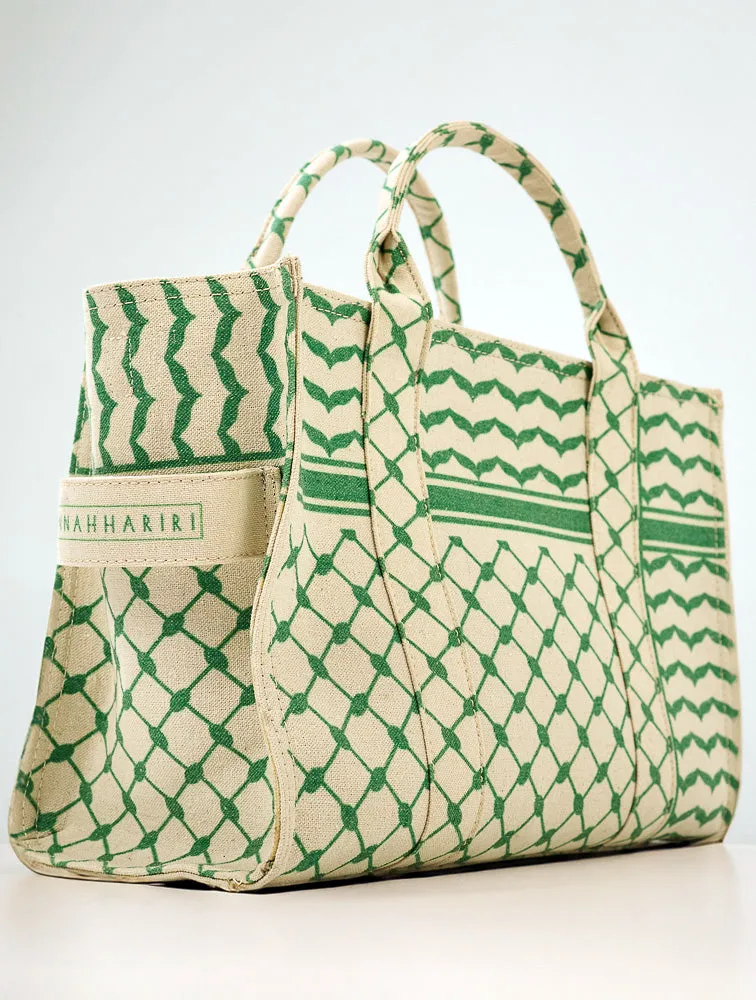 Green and Cream Keffiyeh Pattern Medium Tote - Timeless Cotton Canvas Design