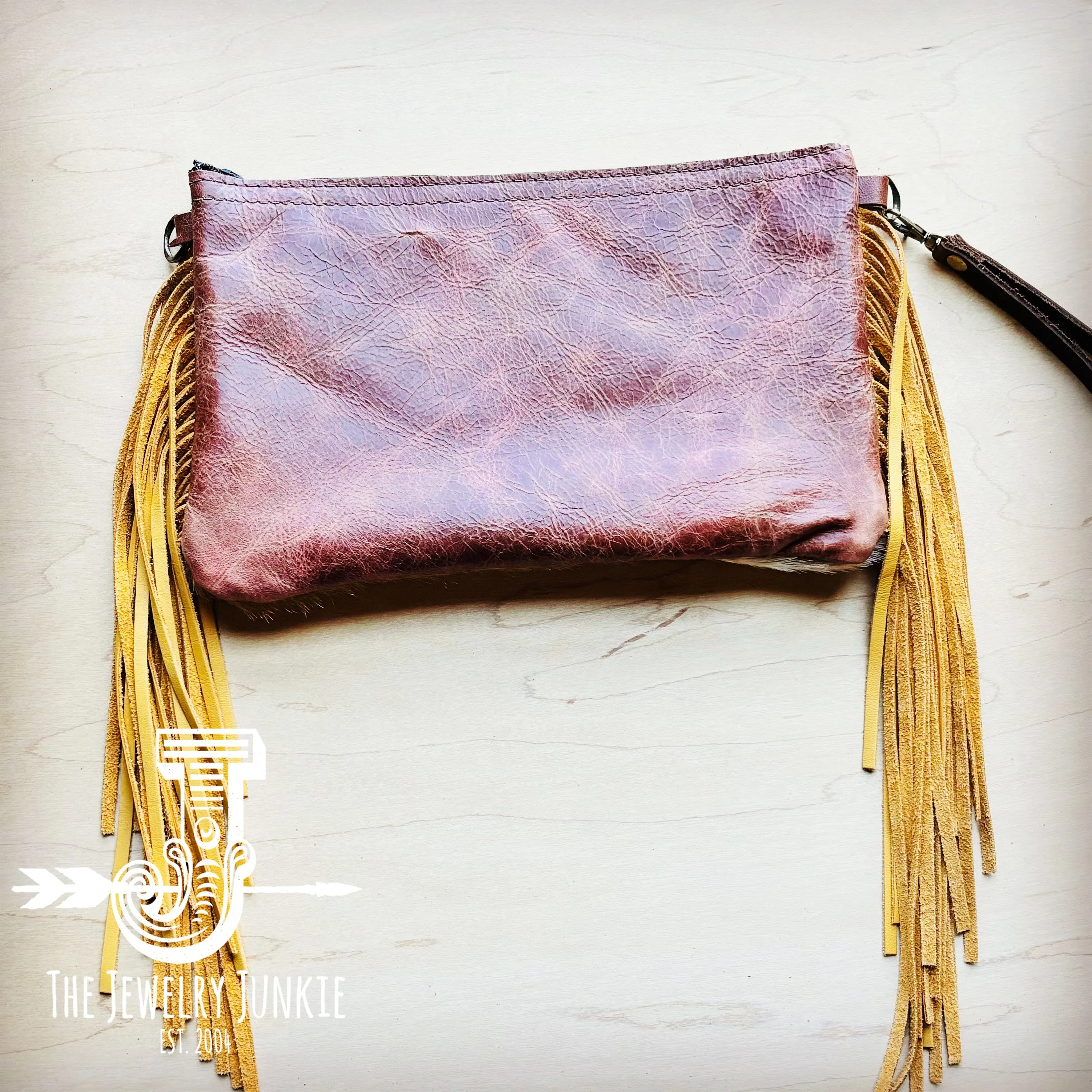 **Hair on Hide Handbag w/ Blue Navajo Accent & Mustard Fringe 513s
