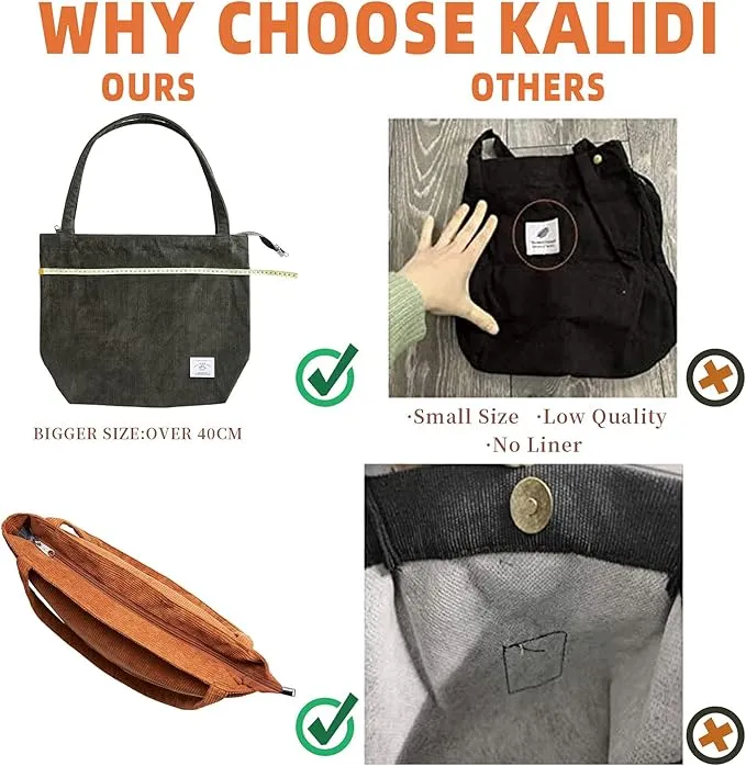 KALIDI Thicken Corduroy Totes Bag Extra Large Capacity Handbags Shoulder Bags with Zipper Cord Tote Bag for Women Ladies Girls Casual Shopping