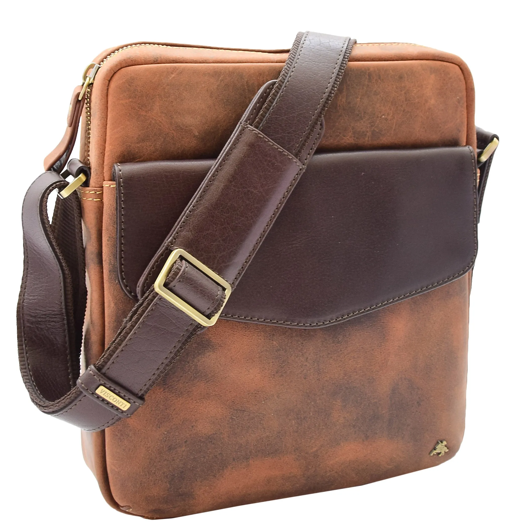 Men's Hunter Leather Casual Style Cross Body Bag Multi Pockets Tan DR388