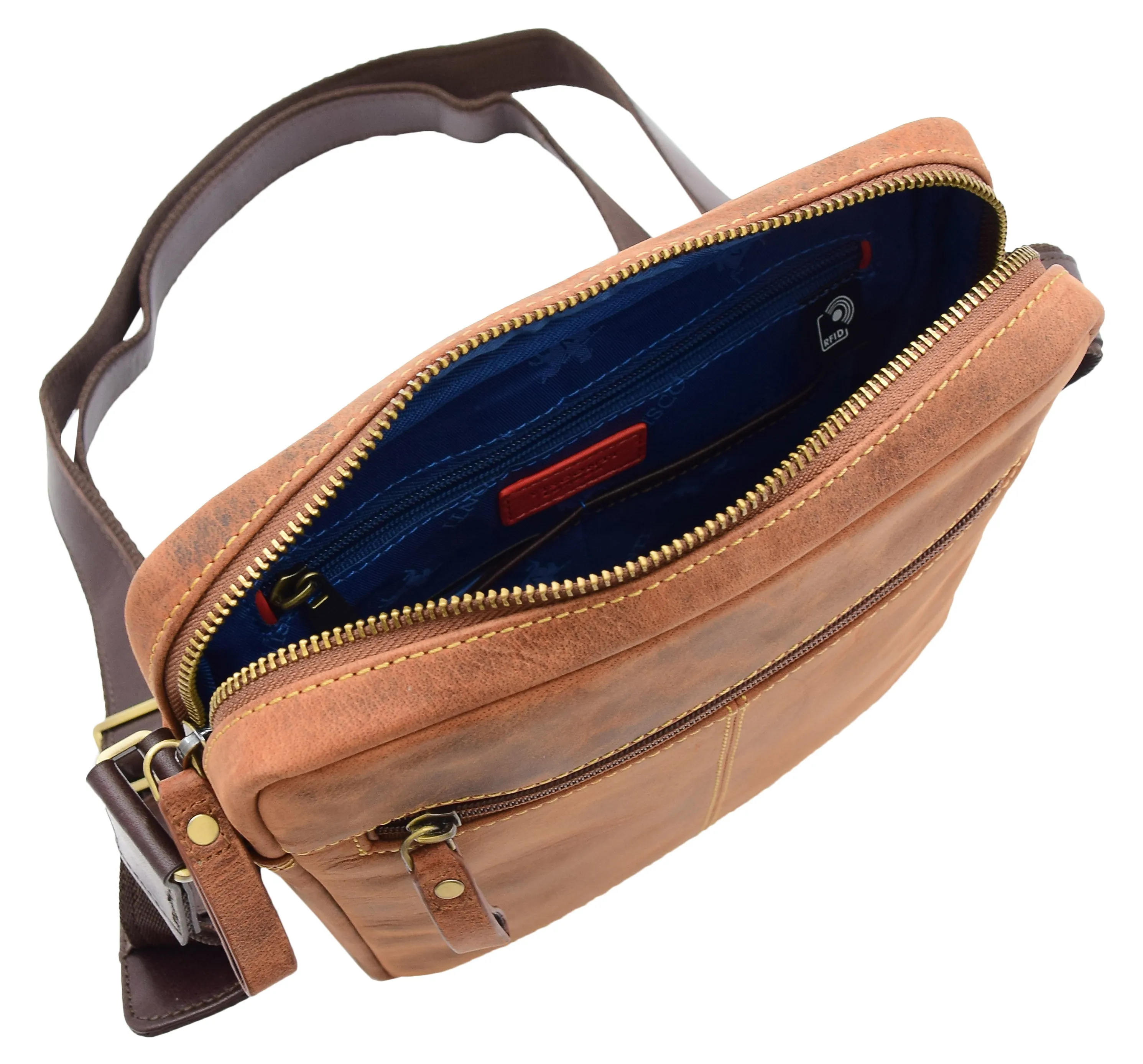Men's Hunter Leather Casual Style Cross Body Bag Multi Pockets Tan DR388