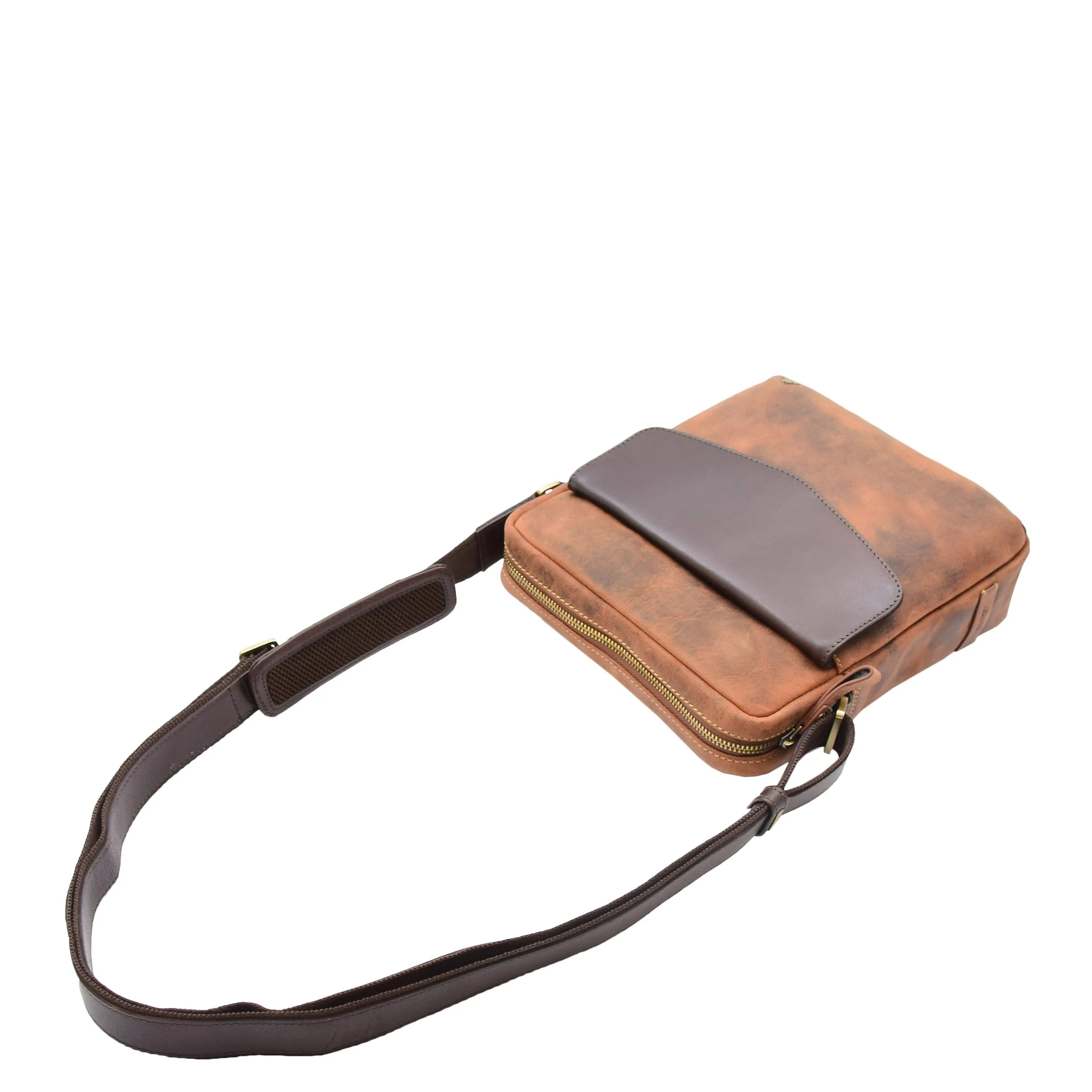 Men's Hunter Leather Casual Style Cross Body Bag Multi Pockets Tan DR388
