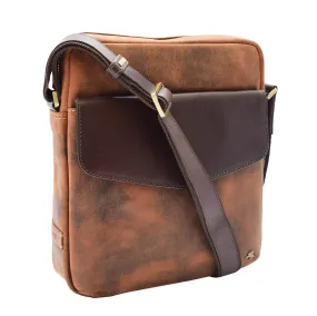 Men's Hunter Leather Casual Style Cross Body Bag Multi Pockets Tan DR388