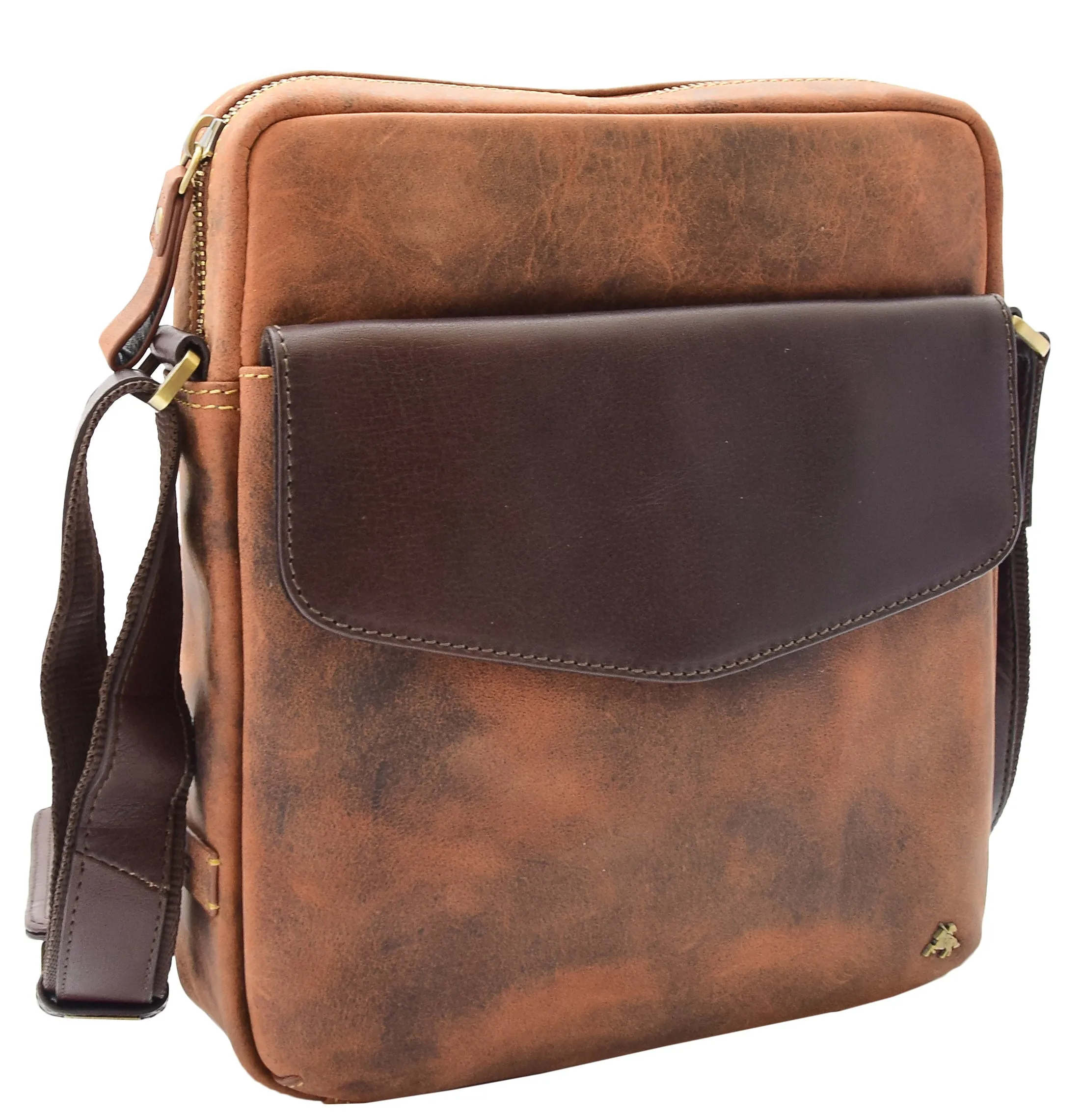 Men's Hunter Leather Casual Style Cross Body Bag Multi Pockets Tan DR388