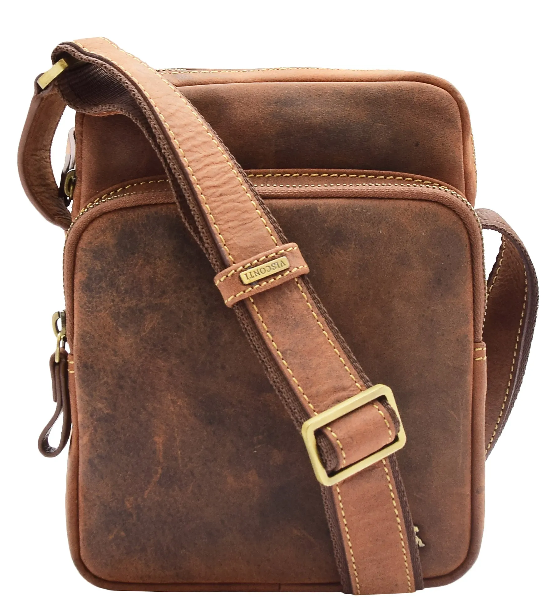 Men's Smart Cross Body Bag Genuine Leather Multi Pockets Tan DR387