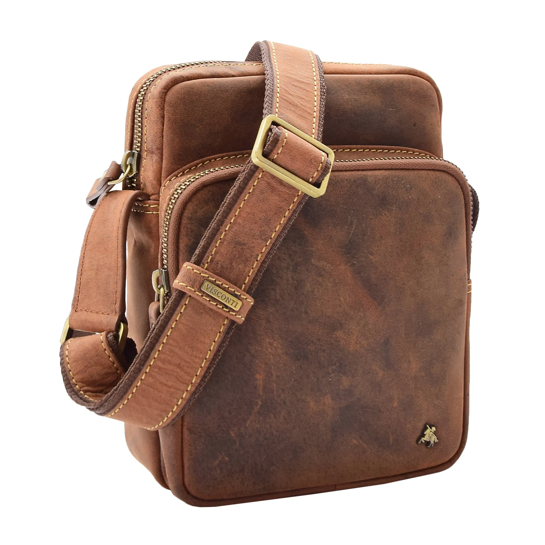 Men's Smart Cross Body Bag Genuine Leather Multi Pockets Tan DR387