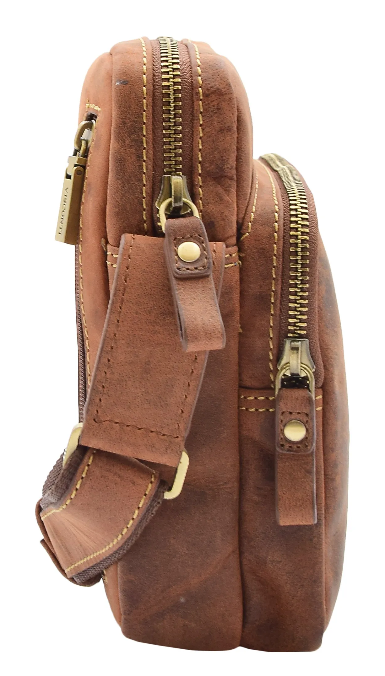 Men's Smart Cross Body Bag Genuine Leather Multi Pockets Tan DR387