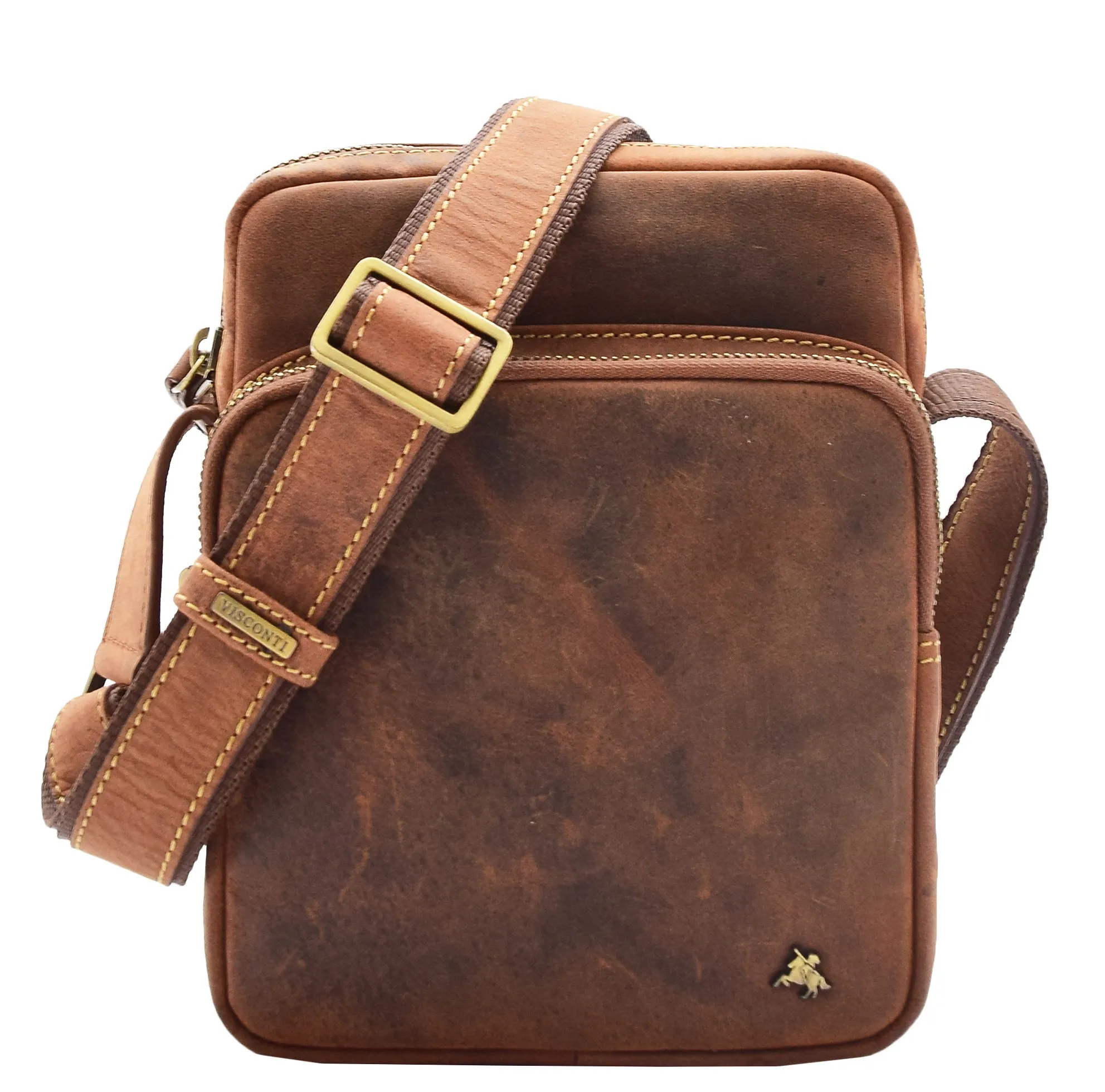 Men's Smart Cross Body Bag Genuine Leather Multi Pockets Tan DR387