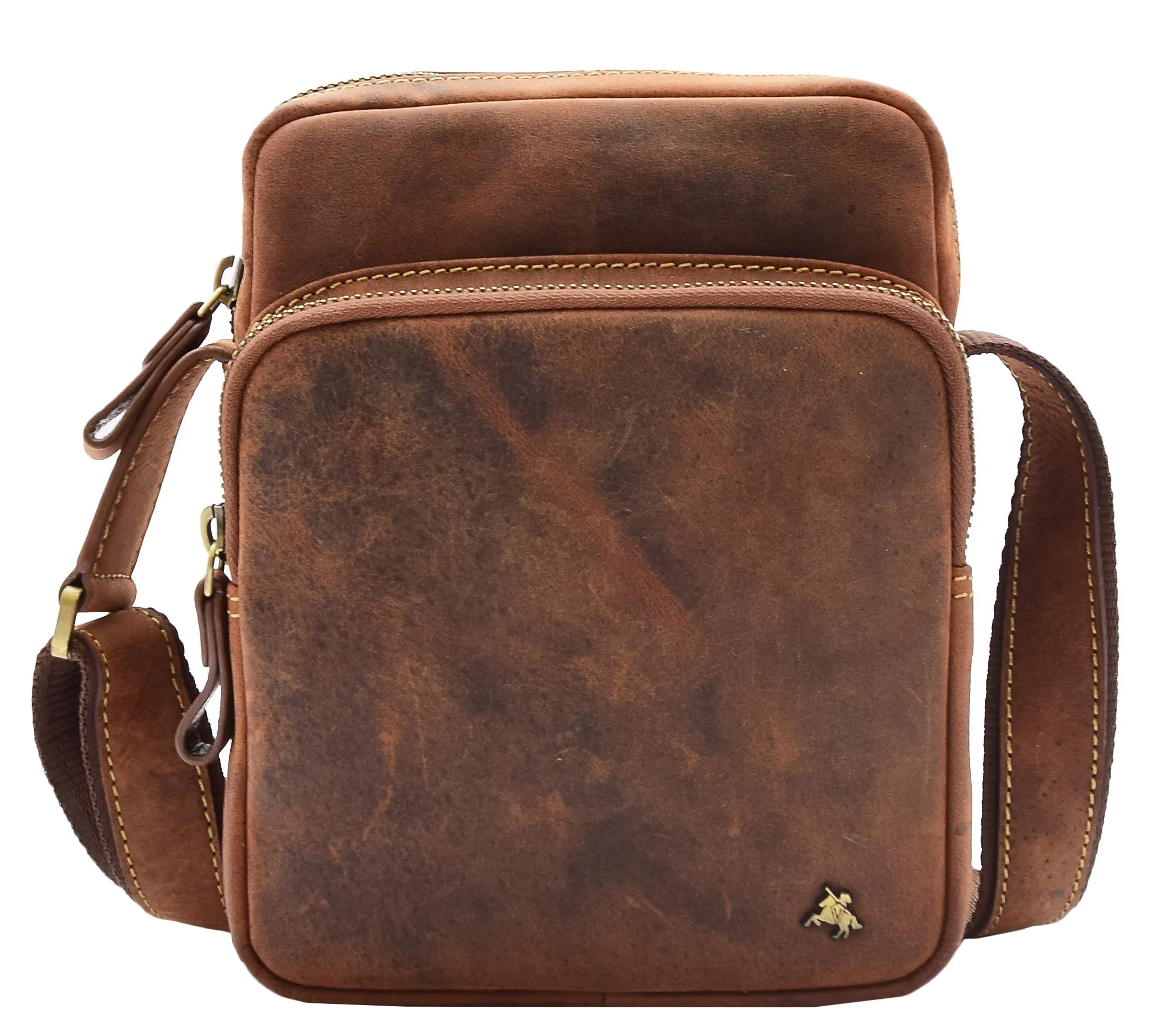Men's Smart Cross Body Bag Genuine Leather Multi Pockets Tan DR387