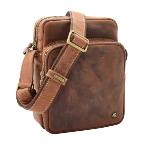 Men's Smart Cross Body Bag Genuine Leather Multi Pockets Tan DR387