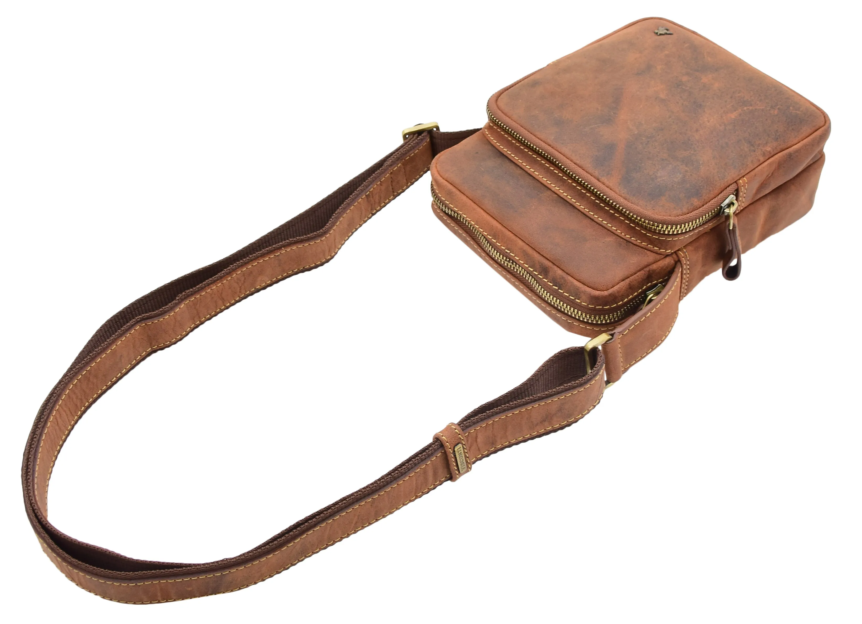 Men's Smart Cross Body Bag Genuine Leather Multi Pockets Tan DR387