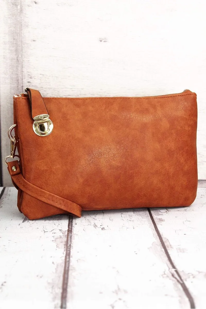 NGIL Light Brown Faux Leather Buckle Lock Crossbody Clutch