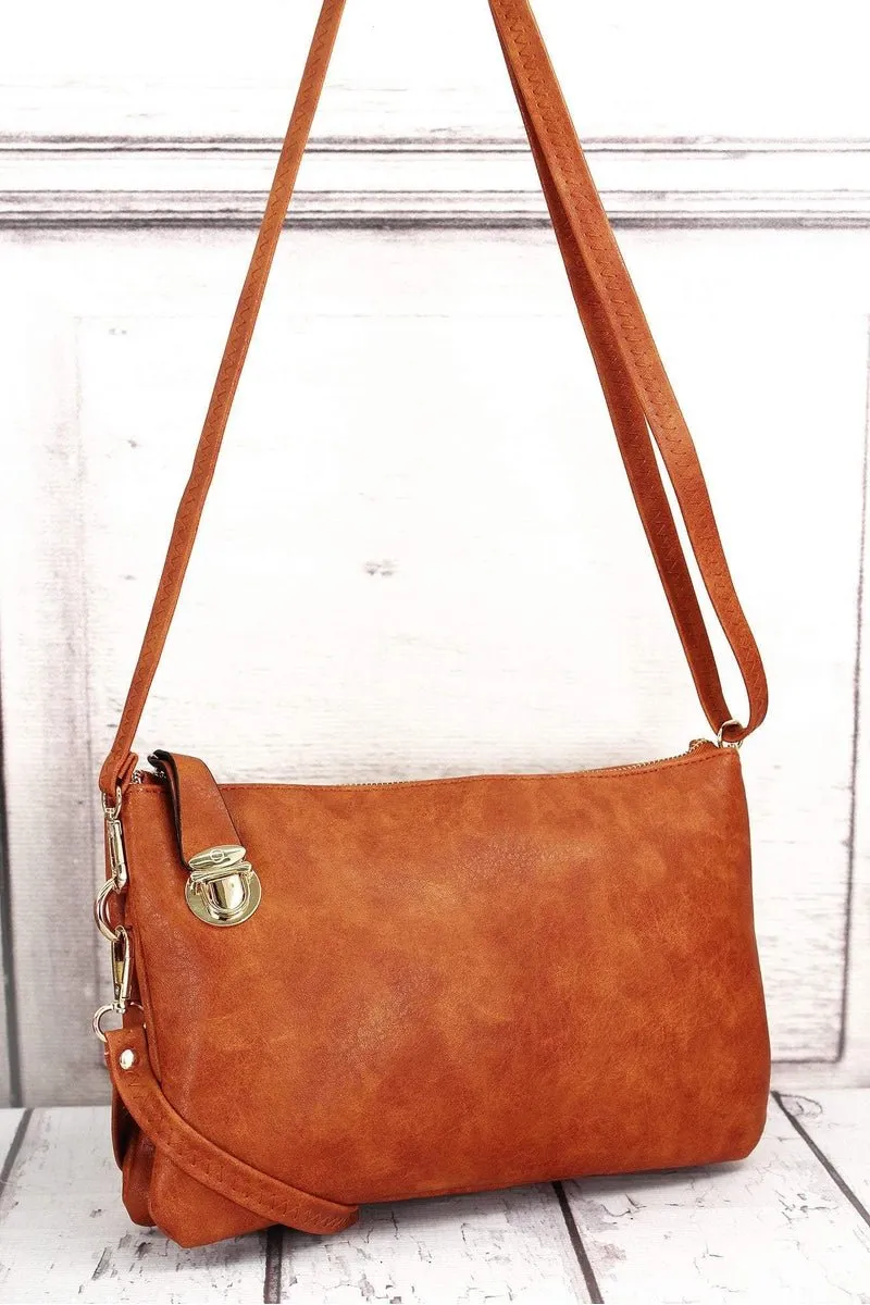 NGIL Light Brown Faux Leather Buckle Lock Crossbody Clutch