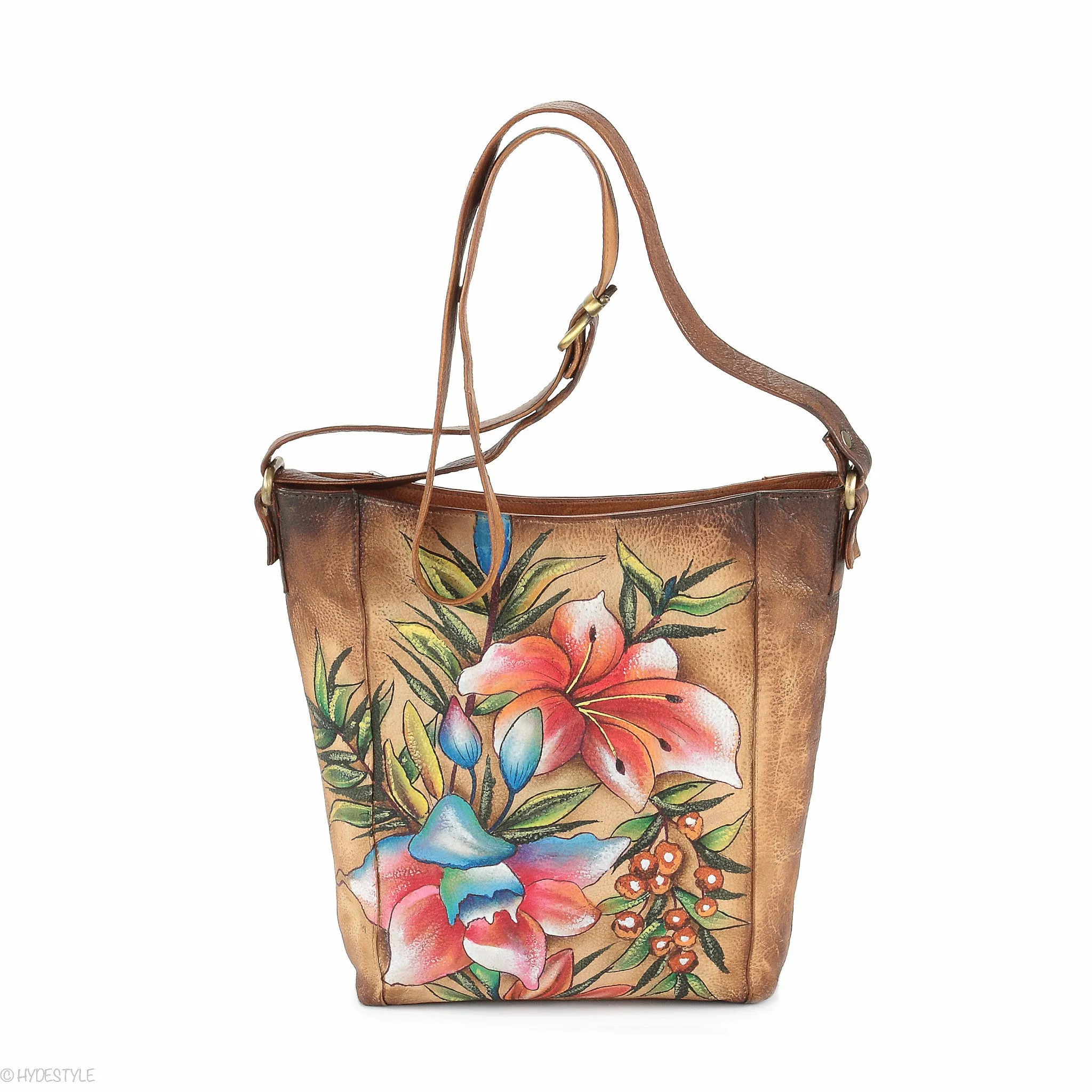 Picta Manu hand painted leather messenger bag #LB19 Floral Berry