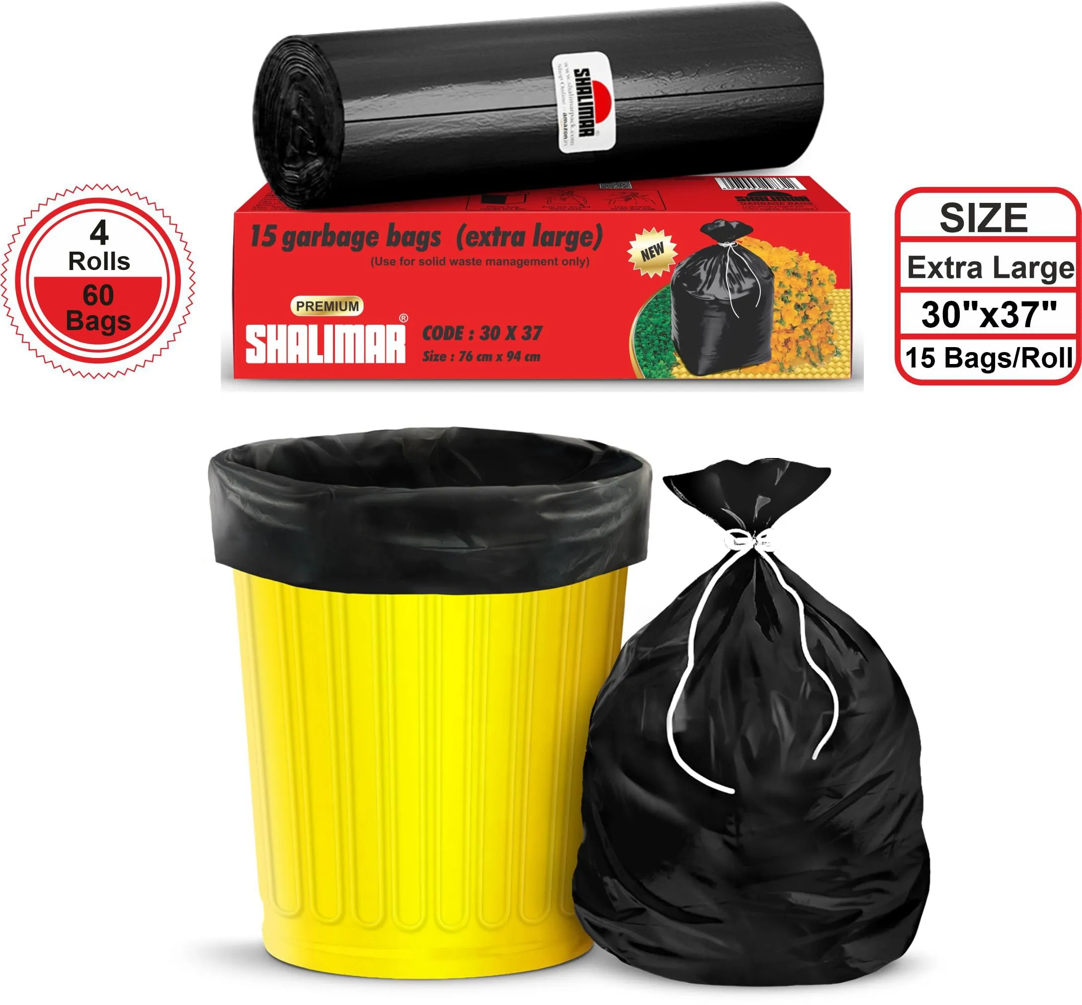 Shalimar Premium Garbage Bags Size 30 X 37 Inches (Extra Large) 60 Bags (4 rolls) Dustbin Bag/Trash Bag - Black Color
