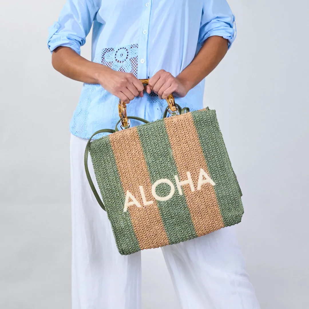 Striped crochet tote bags with "ALOHA" print wholesale