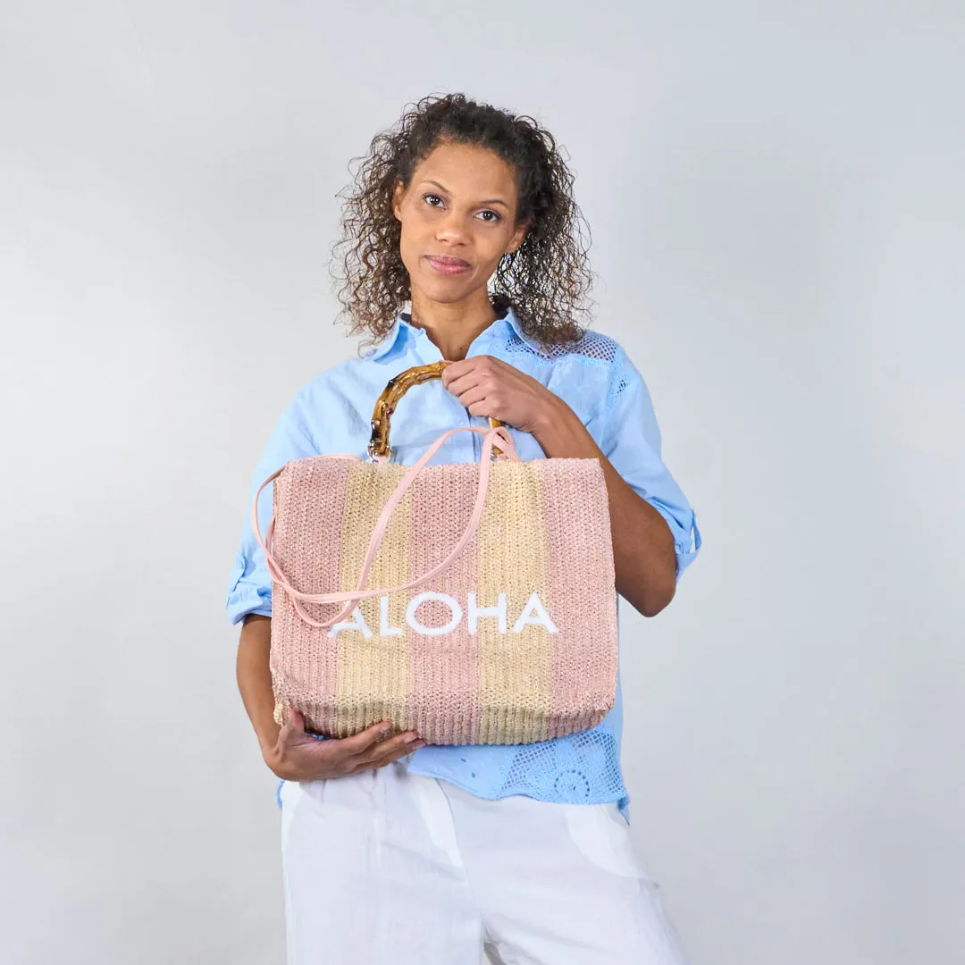 Striped crochet tote bags with "ALOHA" print wholesale