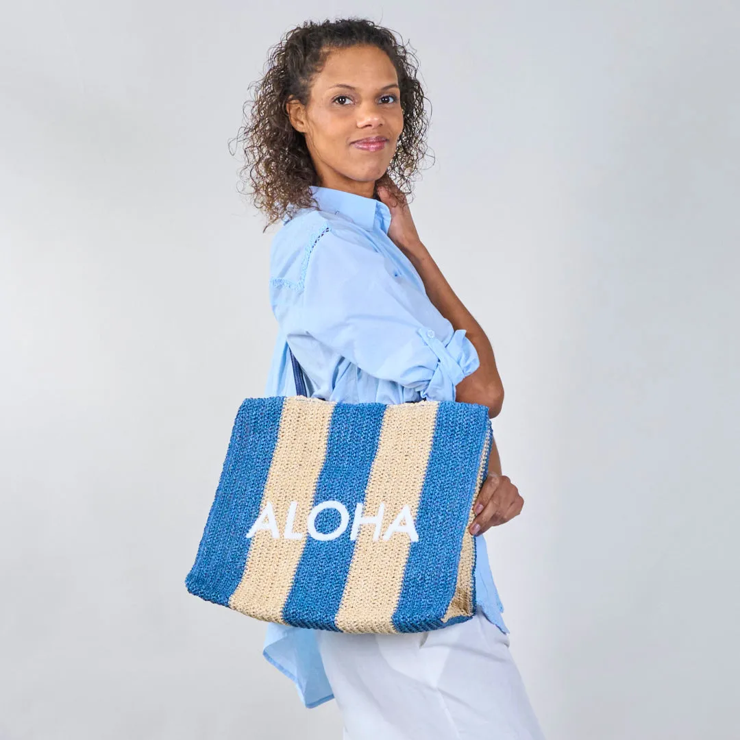 Striped crochet tote bags with "ALOHA" print wholesale