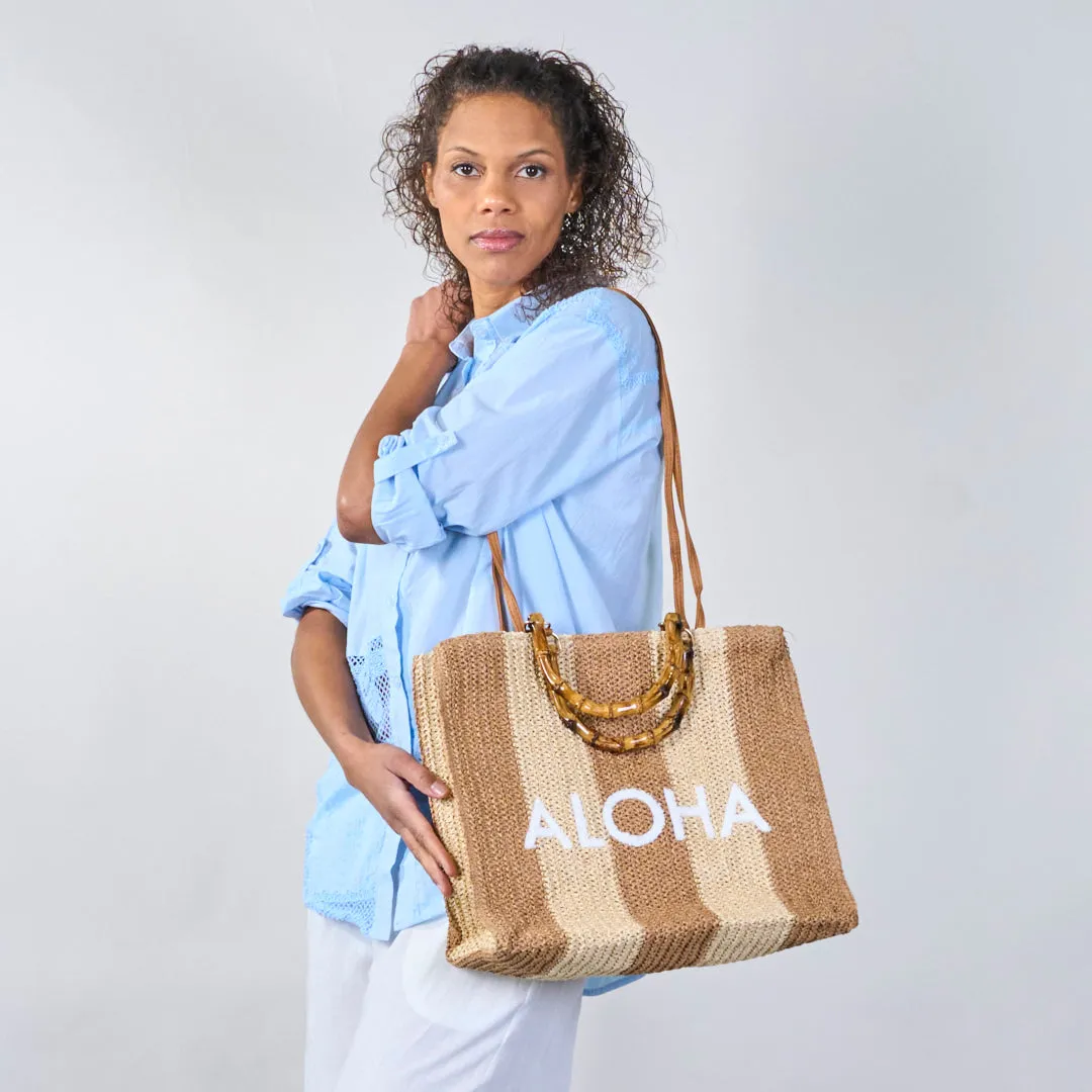 Striped crochet tote bags with "ALOHA" print wholesale