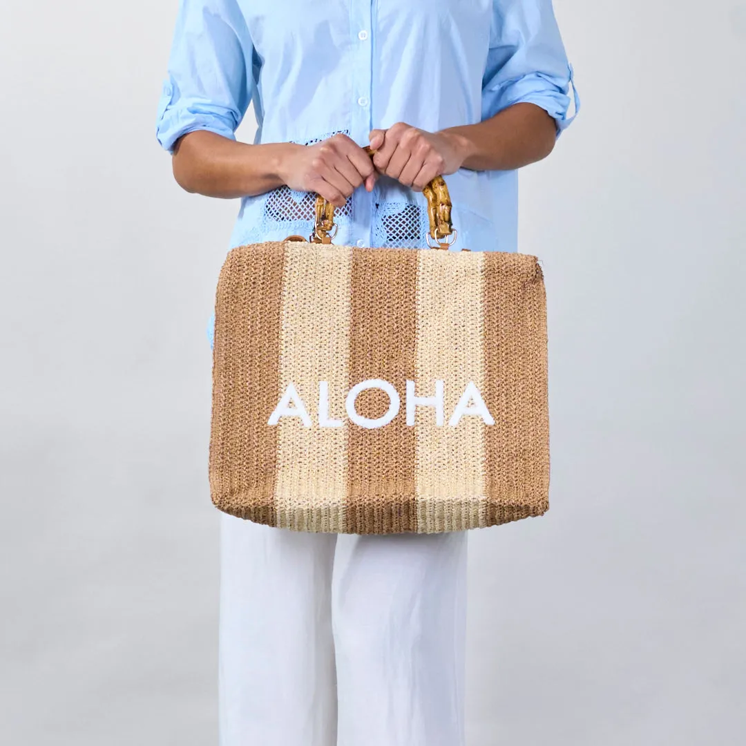 Striped crochet tote bags with "ALOHA" print wholesale