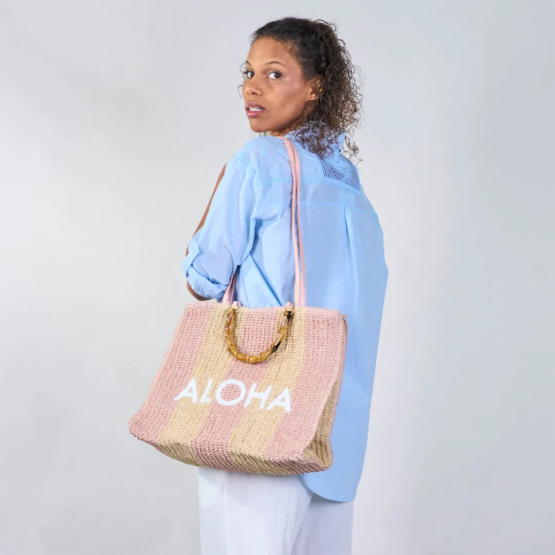 Striped crochet tote bags with "ALOHA" print wholesale