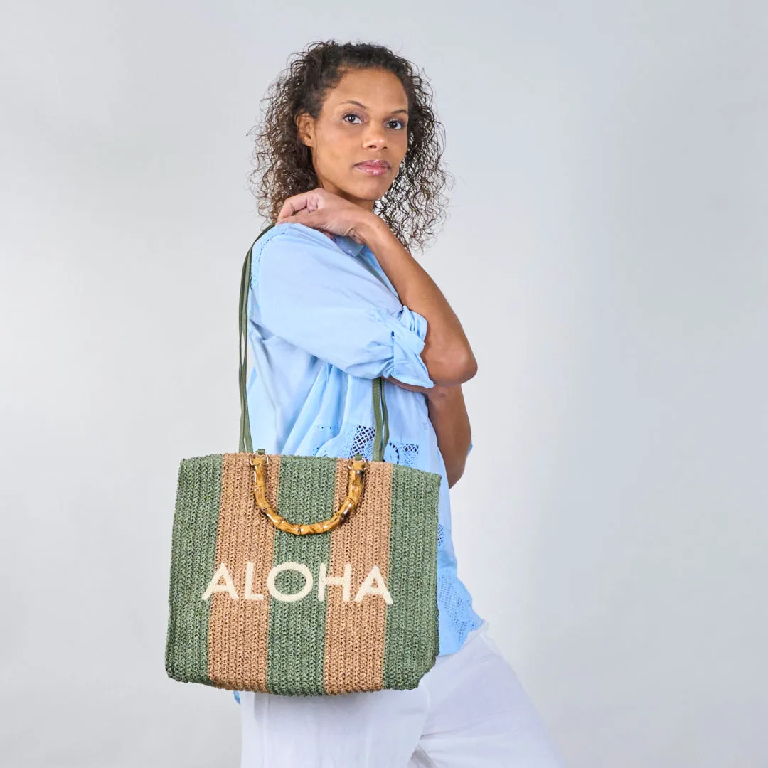 Striped crochet tote bags with "ALOHA" print wholesale