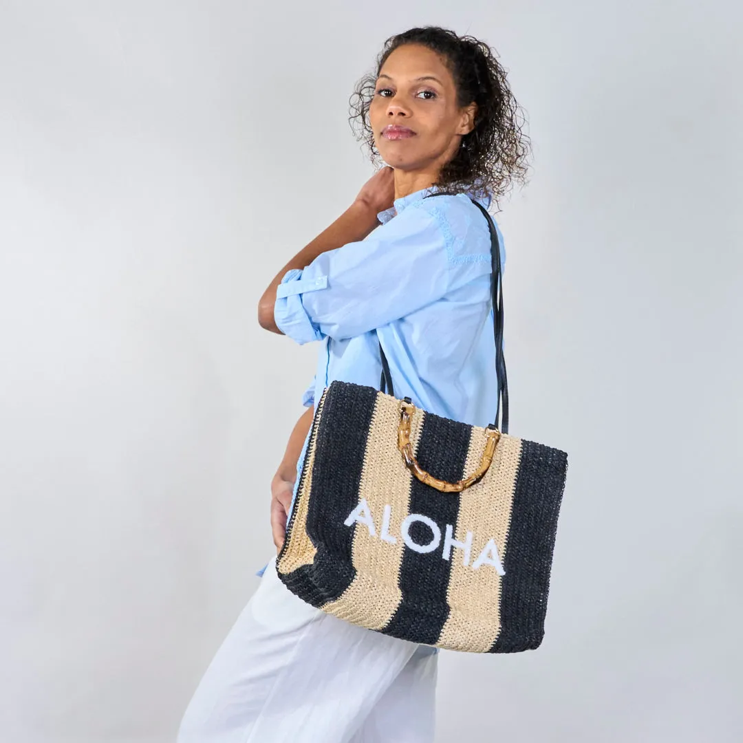 Striped crochet tote bags with "ALOHA" print wholesale
