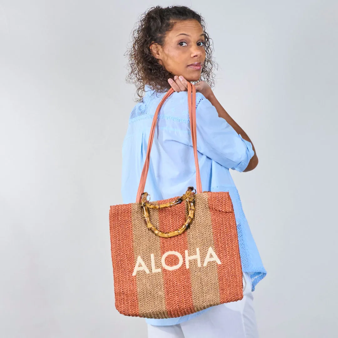 Striped crochet tote bags with "ALOHA" print wholesale