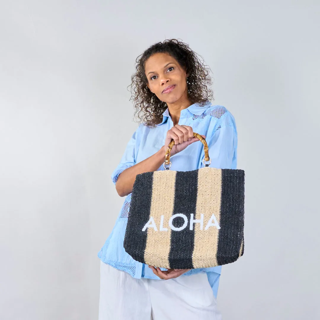 Striped crochet tote bags with "ALOHA" print wholesale